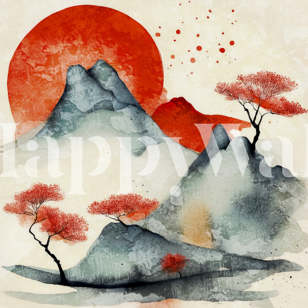 Surreal mountains with red sun and abstract trees wallpaper