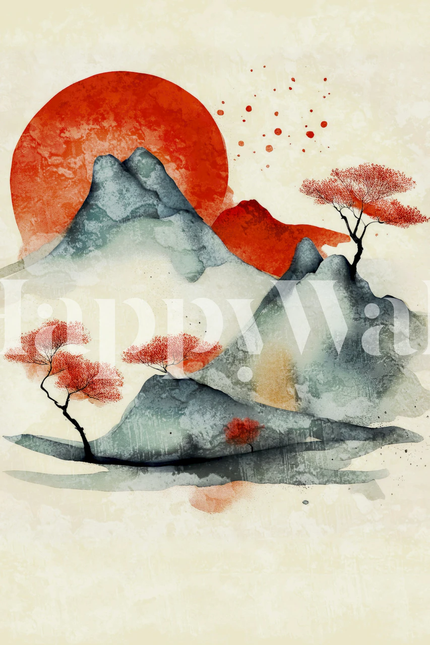 Surreale japanische Wald-Wandmalerei mit Aquarellbergen und roter Sonne