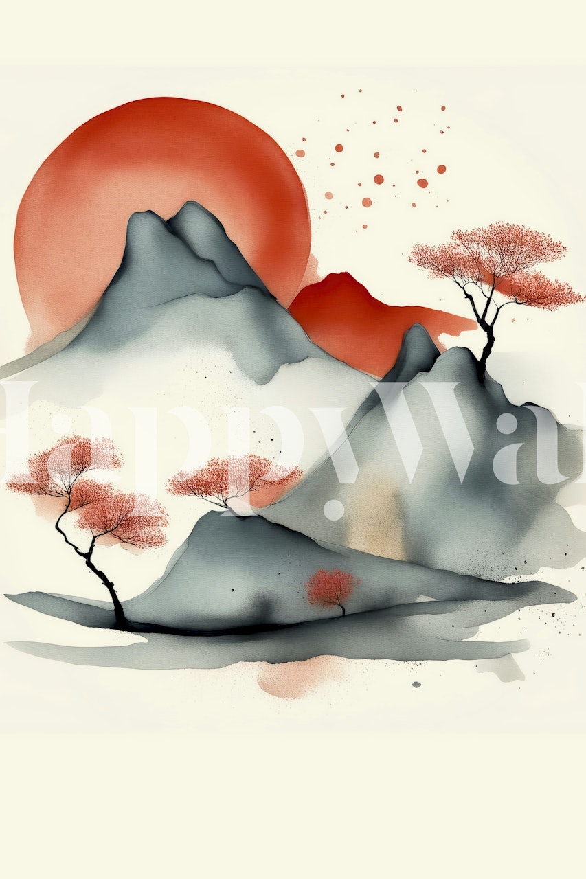 Japanese landscape wallpaper featuring mountains and red sun