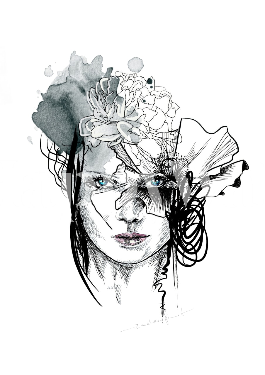 Black and white artistic female portrait with colorful elements wallpaper