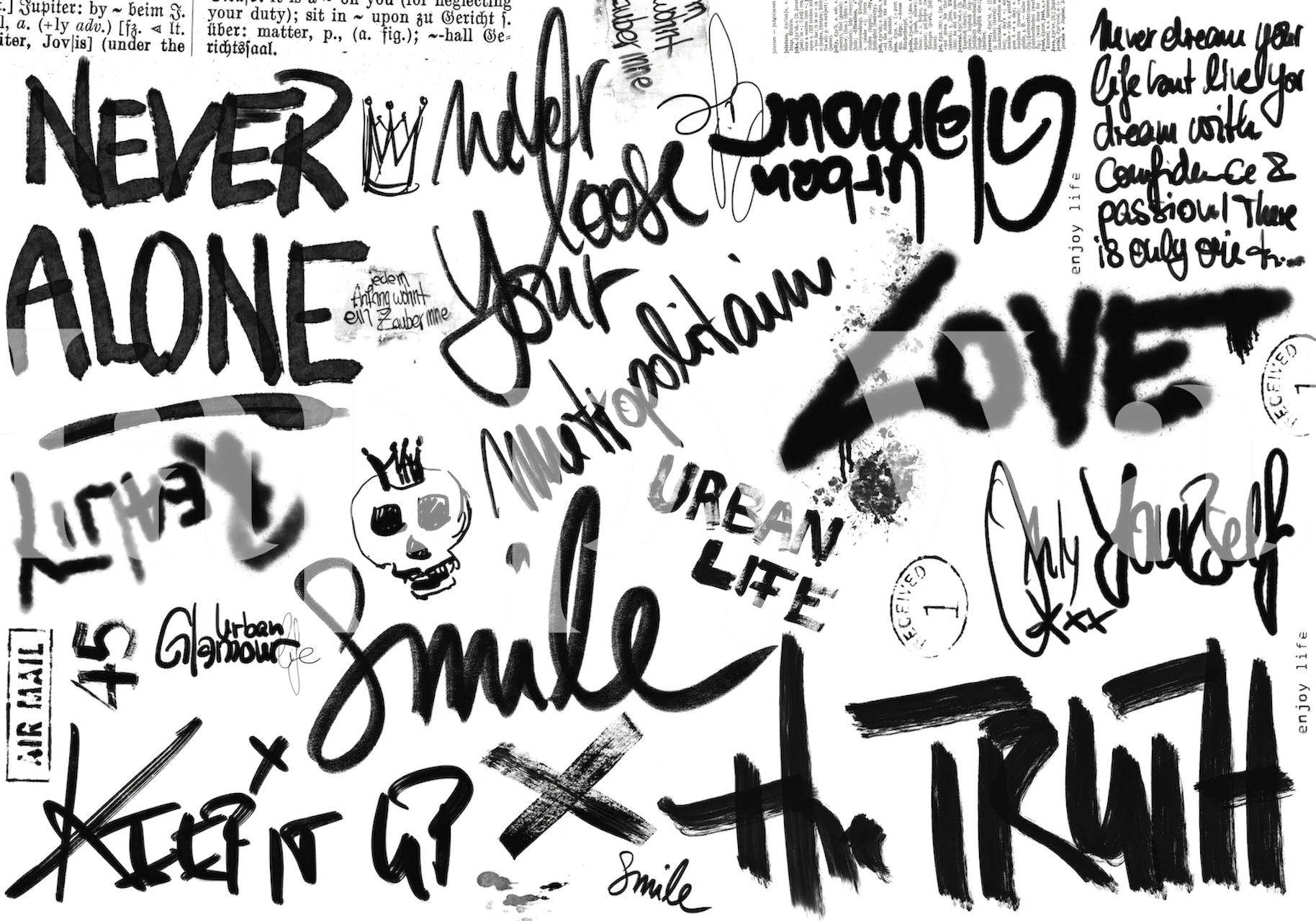 Urban-inspired wall mural with graffiti and handwritten typography