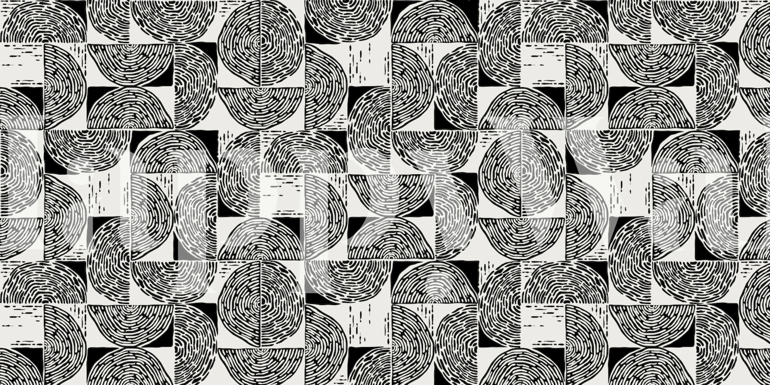 Geometric pattern of black and white wood block print wallpaper
