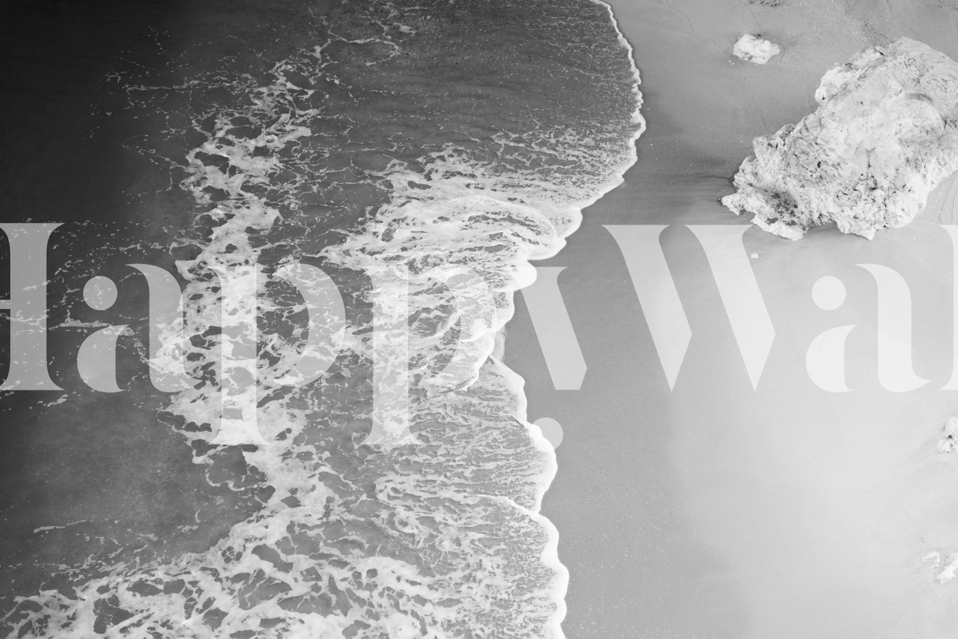 Black and white wall mural of Benagil Cave seashore with waves touching sand