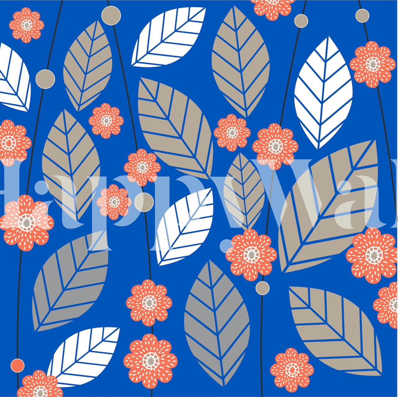 Navy blue floral wallpaper with pink flowers and stylized leaves
