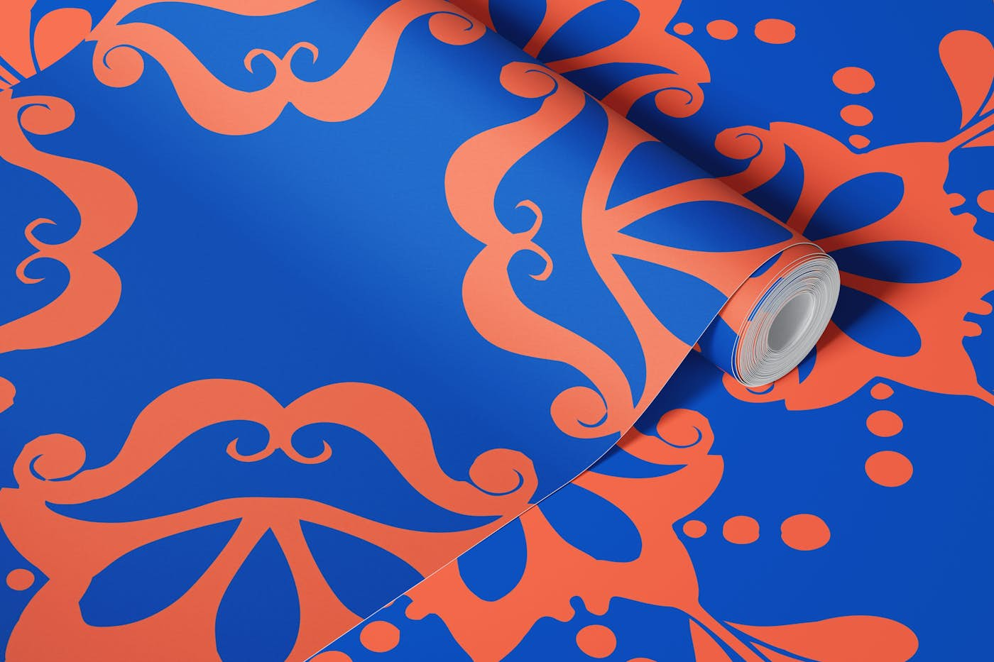 Moroccan cobalt blue orange ornament wallpaper roll