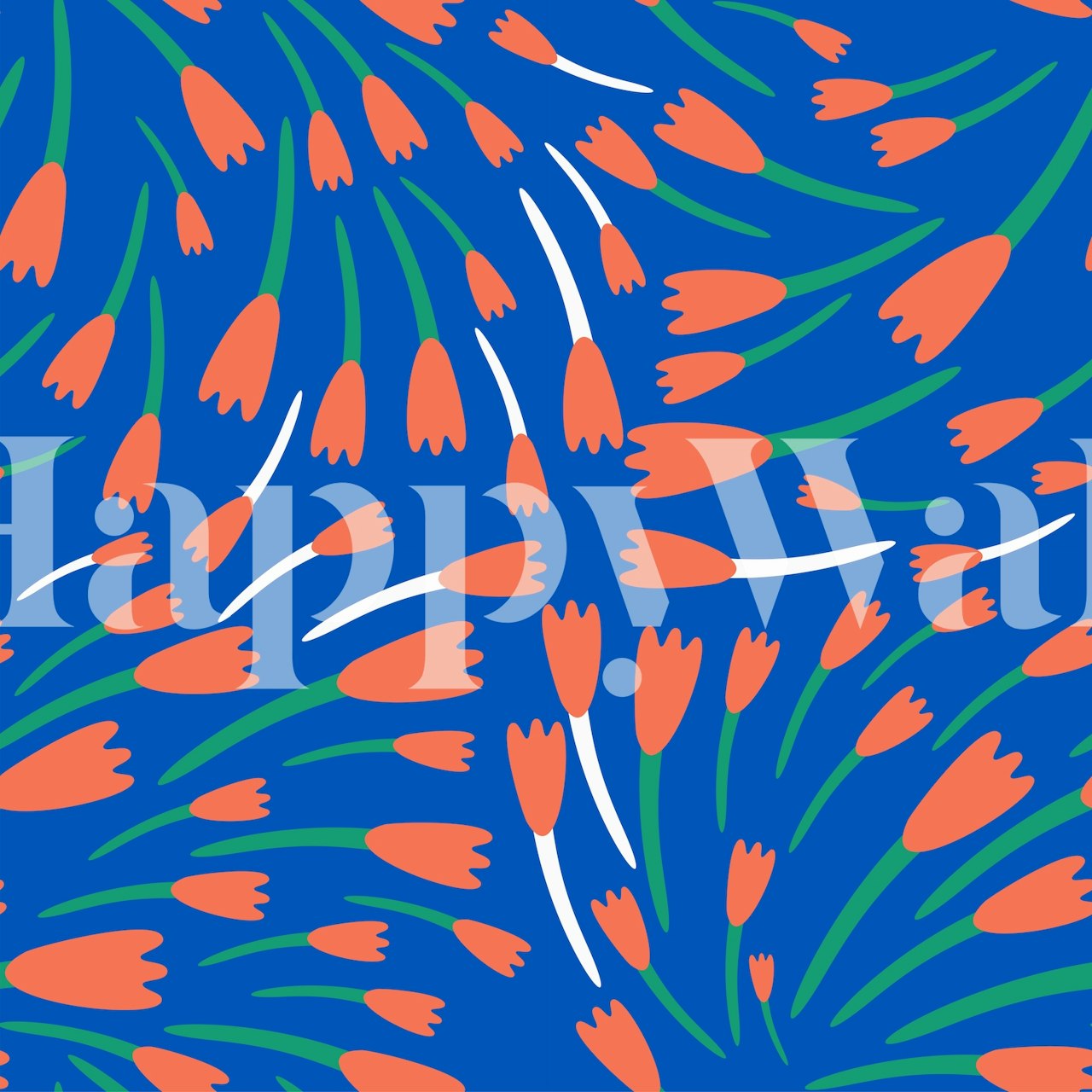 Bright orange tulips with green leaves on blue background wallpaper