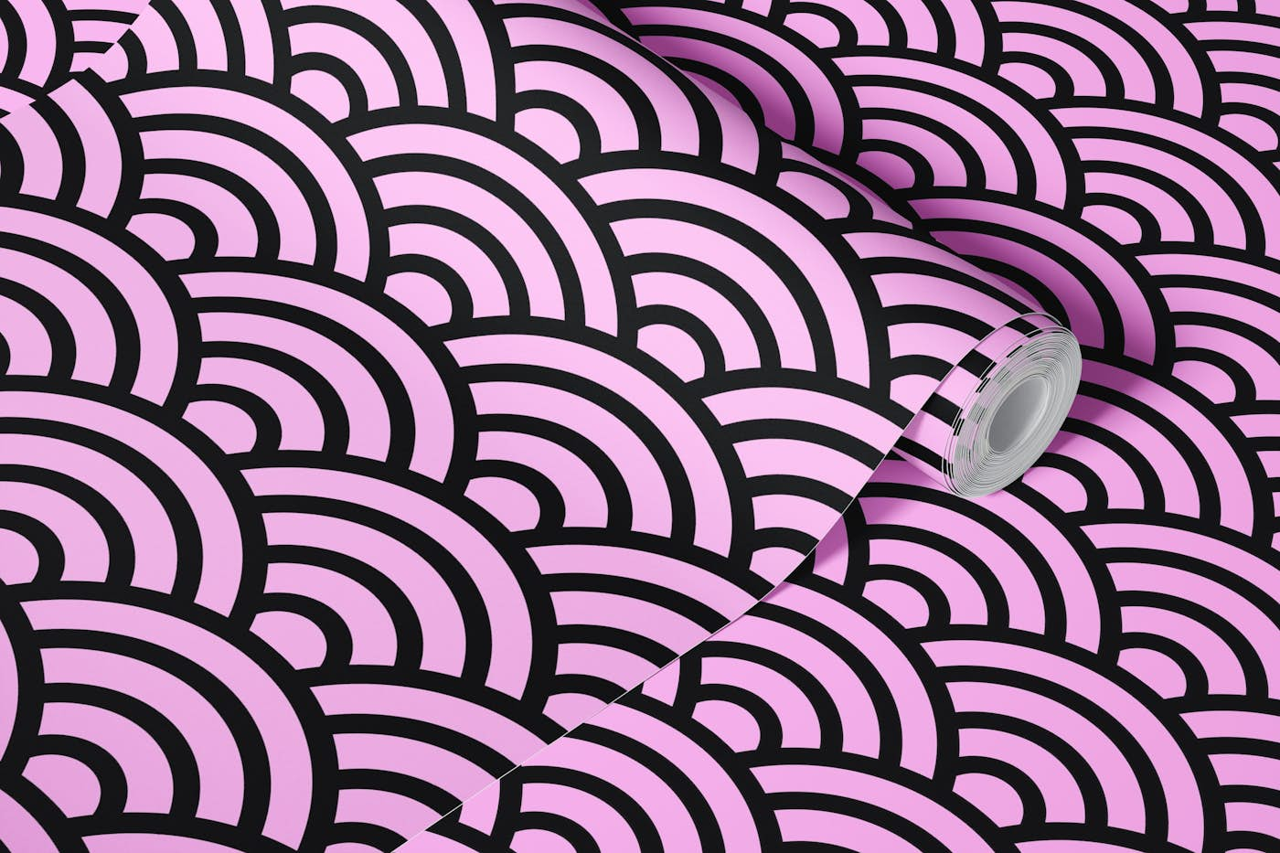 Seigaiha wave motif in Pink and Black wallpaper roll