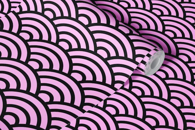 Seigaiha wave motif in Pink and Blackwallpaper roll