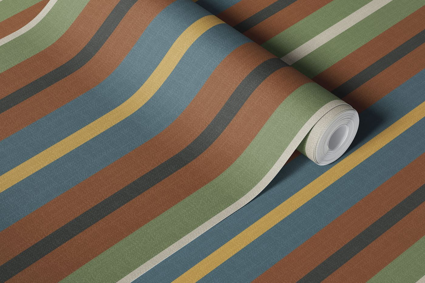 Burlap stripes in green gray rust teal wallpaper roll