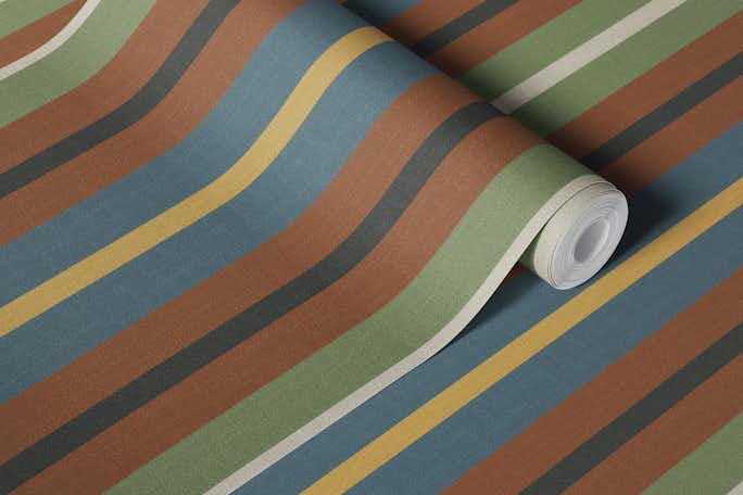 Burlap stripes in green gray rust tealwallpaper roll