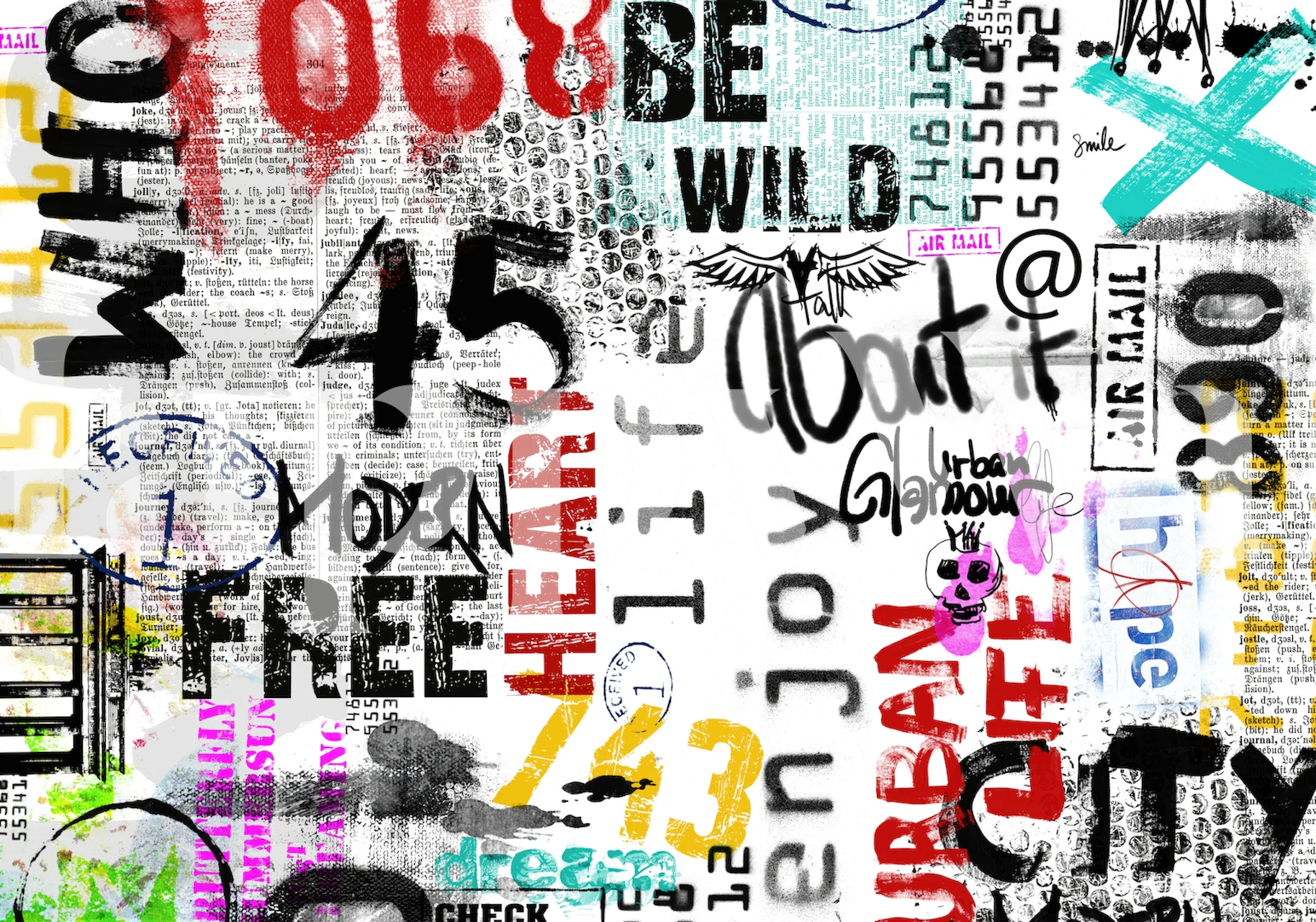 Eclectic urban typography wall mural with mixed numbers and letters on a white background