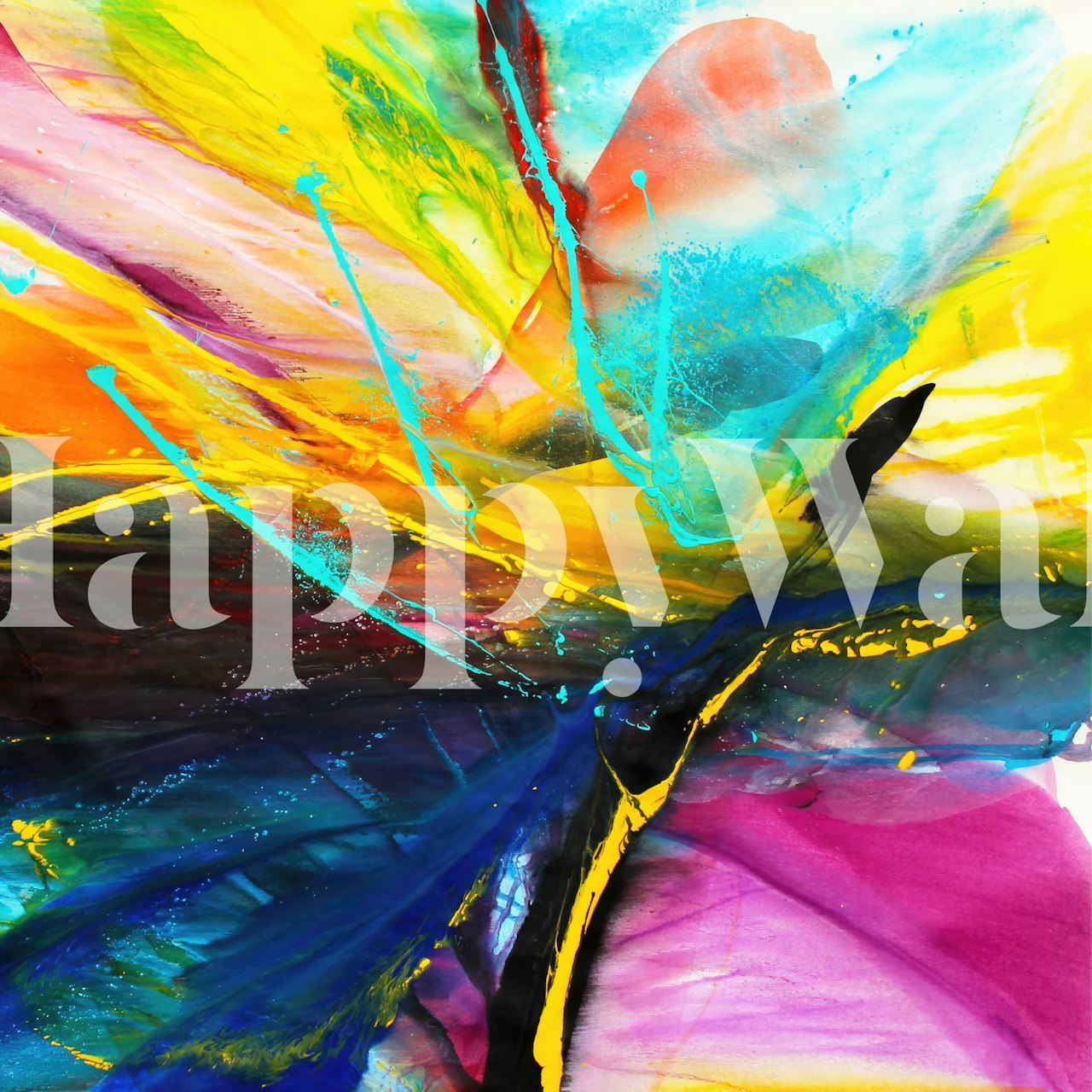 Colorful abstract floral patterns in vibrant hues of yellow, blue, pink, and black wallpaper