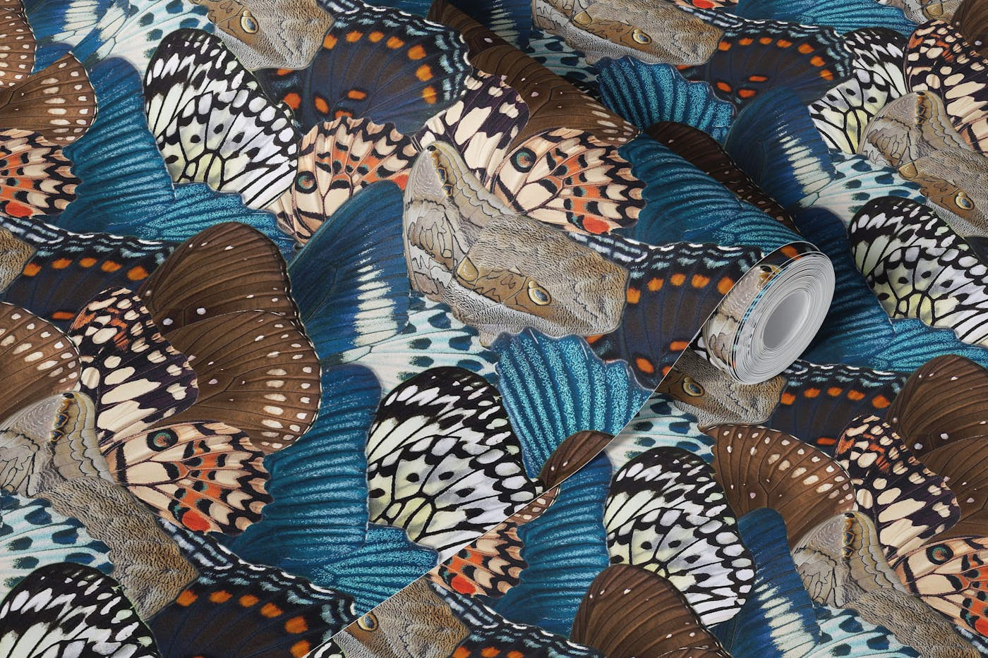 Butterfly Wings denim blue beige coffee brown wallpaper roll