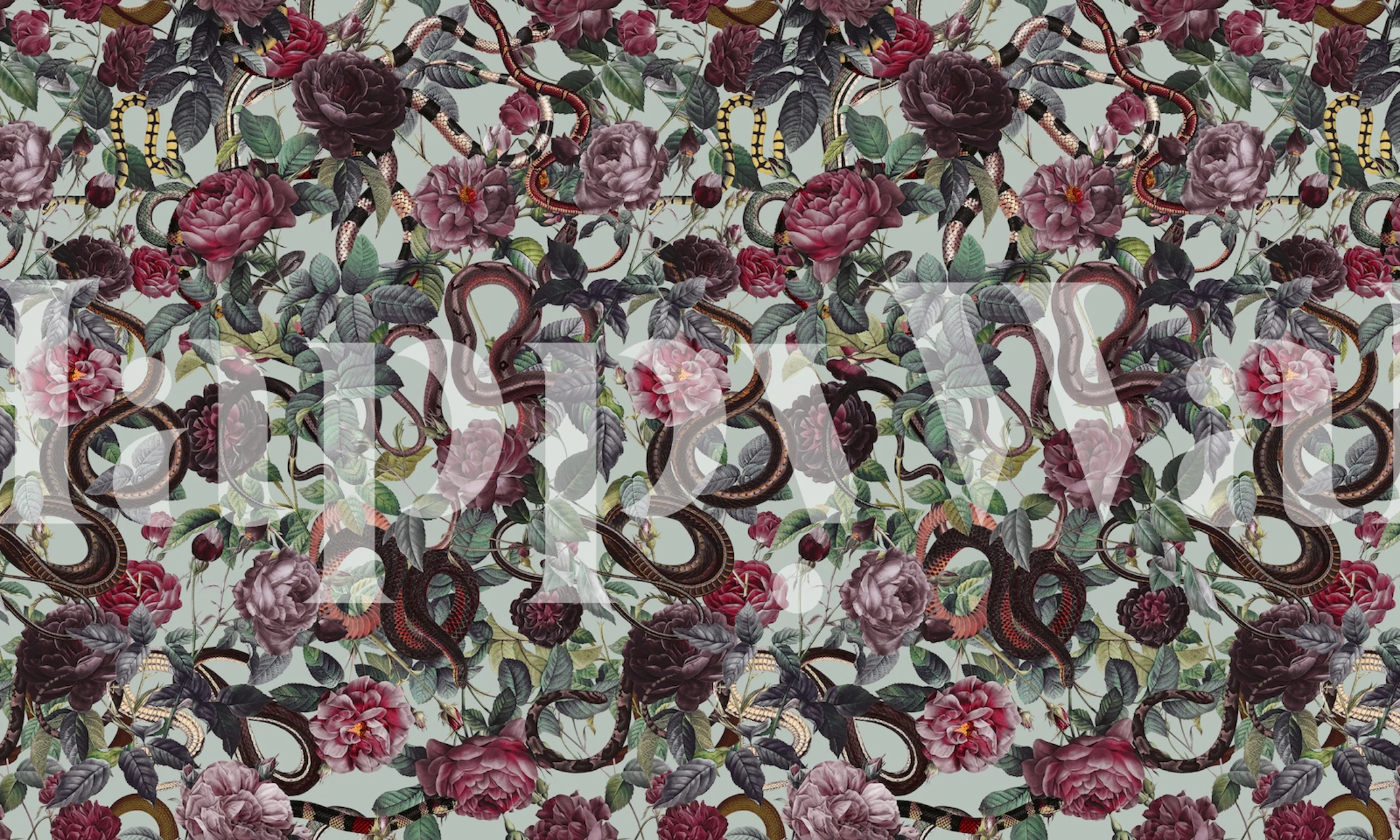 Floral and snake patterned wallpaper in dark red and green hues