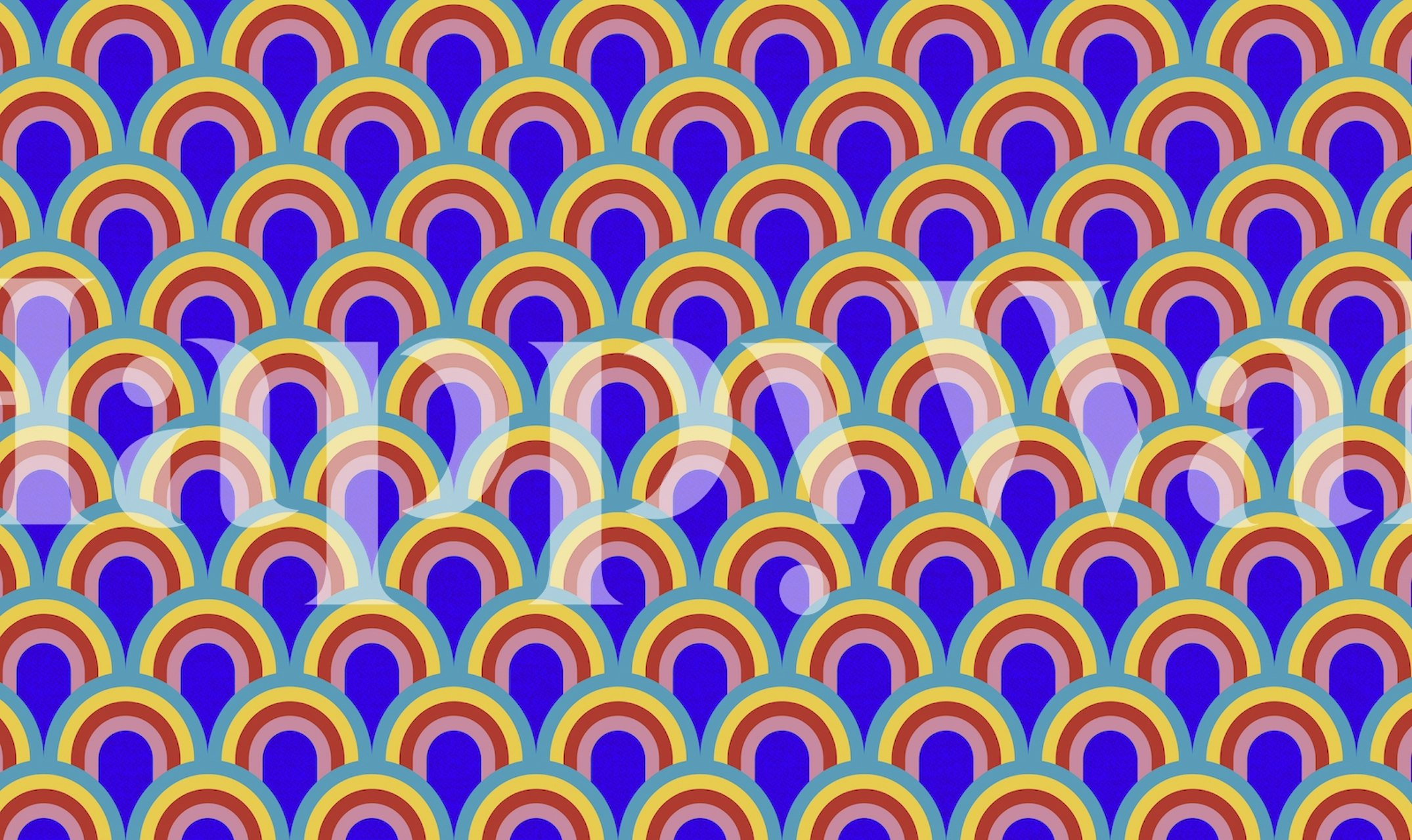 Bright striped rainbows wall mural with blue, red, and yellow arcs on a neutral background.