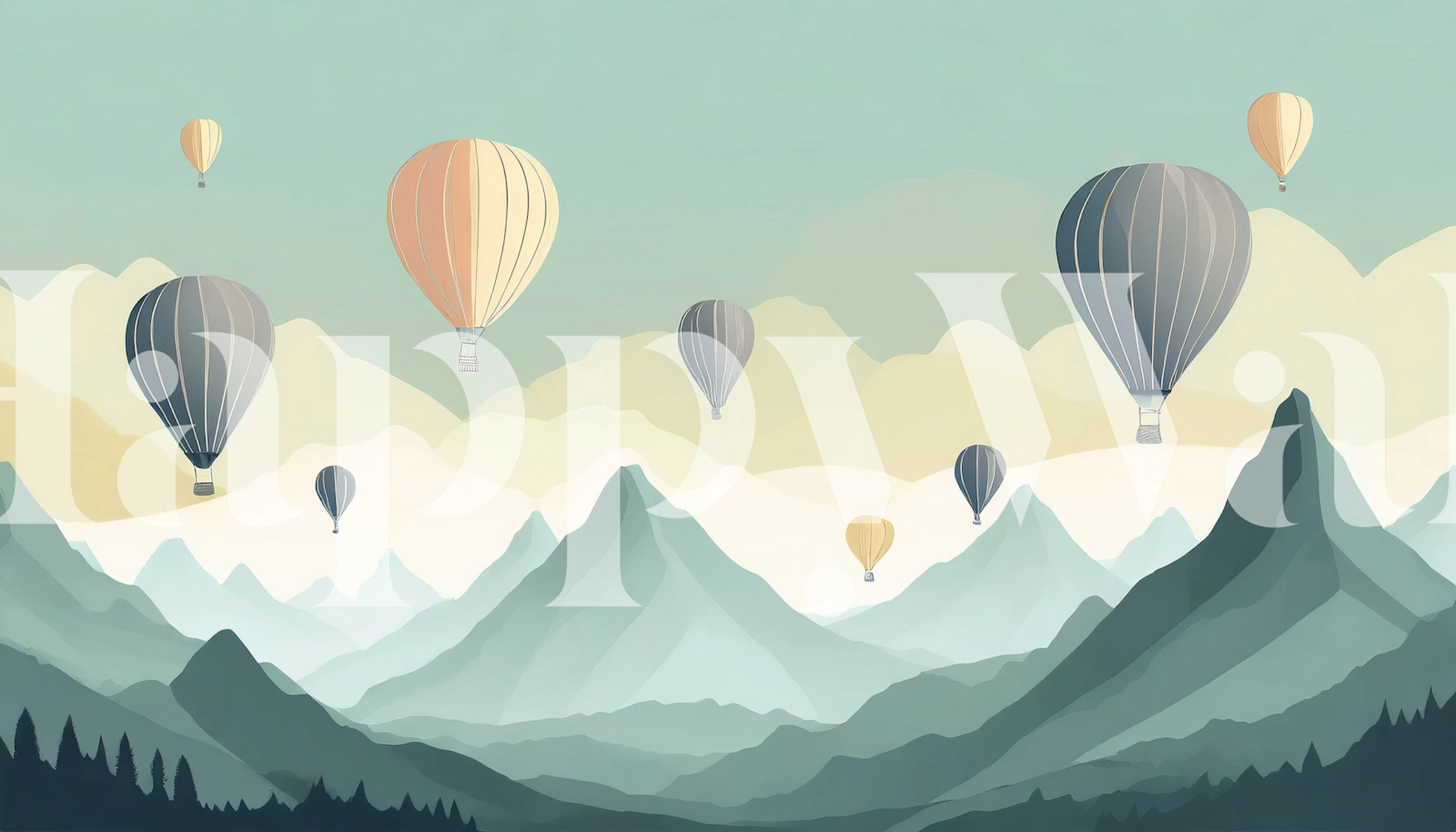 Hot air balloons floating over mountains in soft pastel colors wallpaper