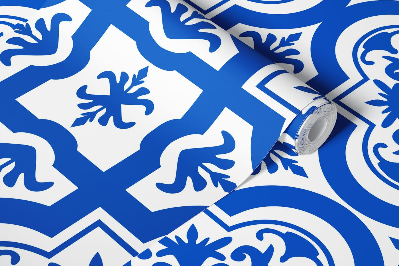 Spanish tile pattern azure blue white wallpaper roll