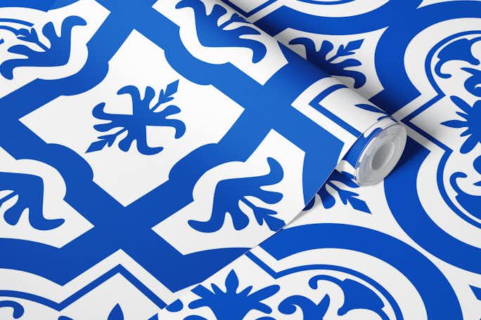 Spanish tile pattern azure blue whitewallpaper roll