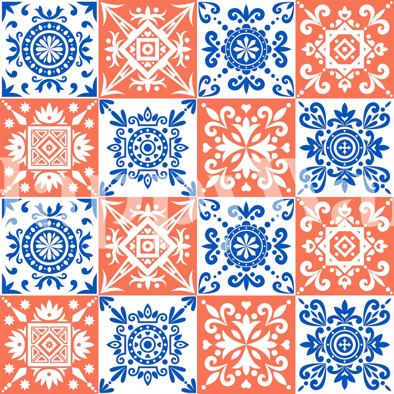 Orange blue tile pattern wallpaper in a room