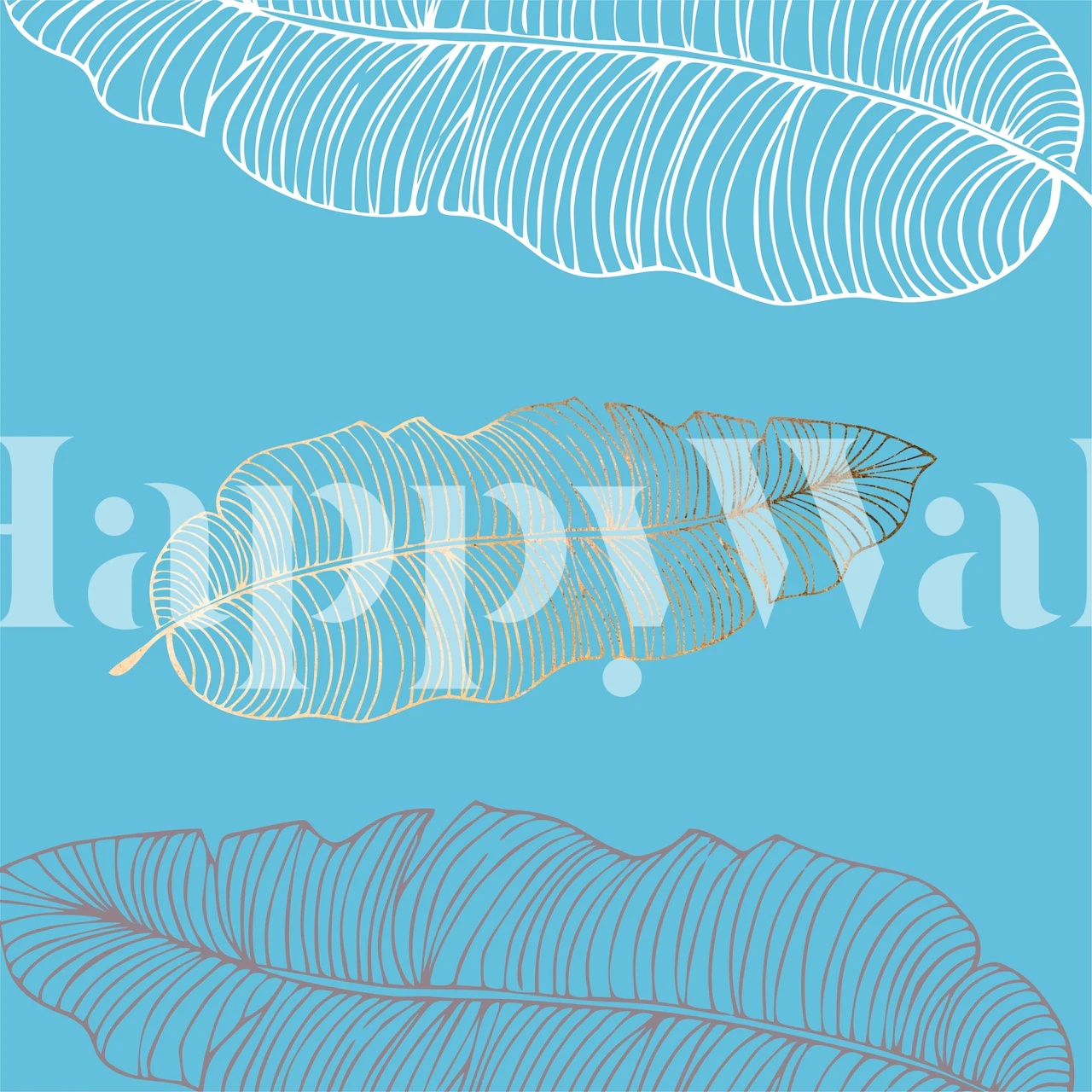 Nebesko plava pozadina s ocrtanim uzorkom palminog lišća zidna slika