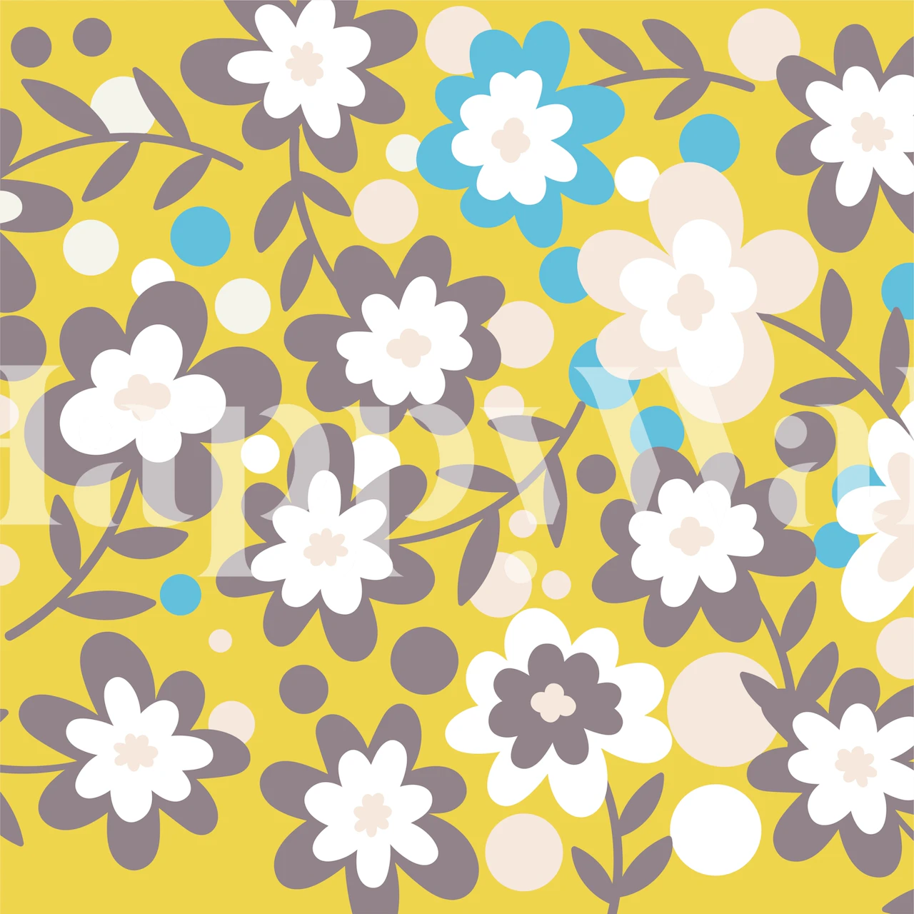 Floral pattern with mustard yellow background, white and gray flowers and blue accents wallpaper