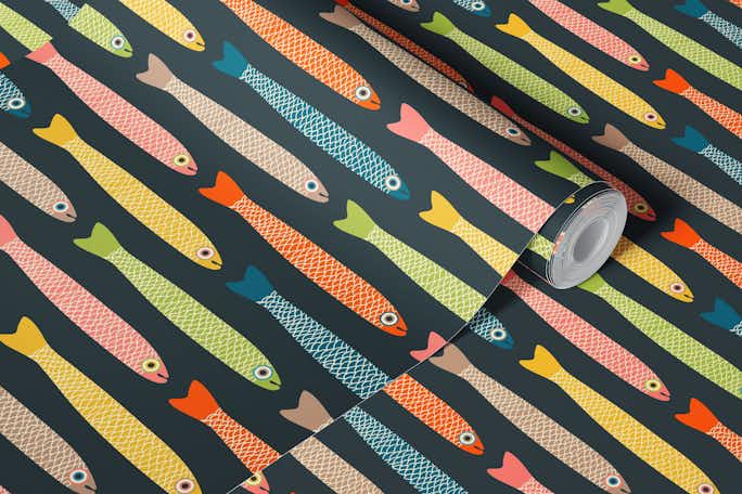 ANCHOVIES Retro Fish Horizontal on Charcoalwallpaper roll
