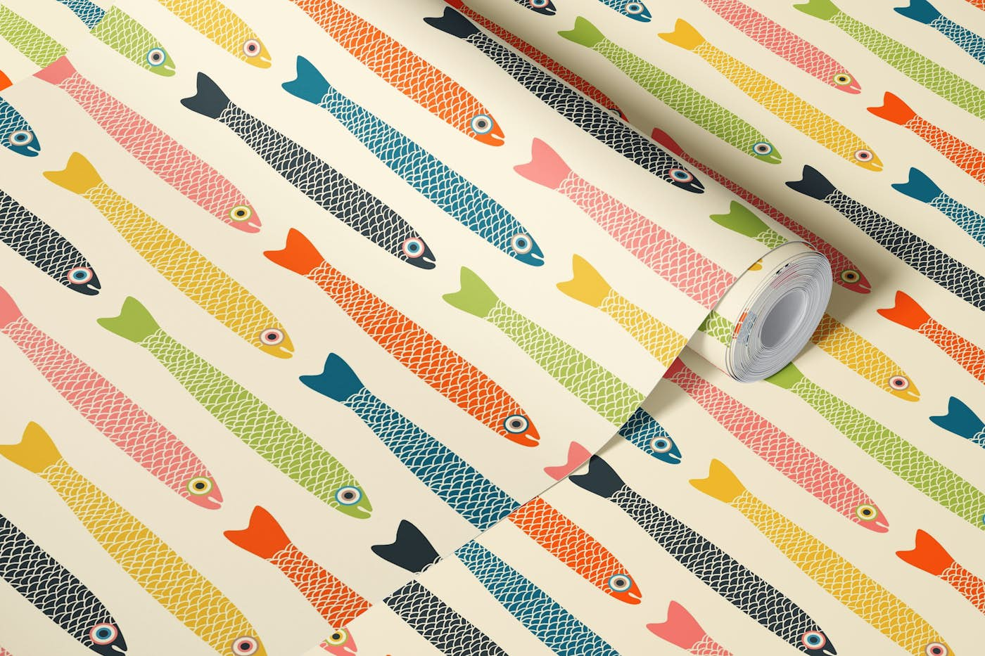 ANCHOVIES Retro Fish Horizontal on Cream wallpaper roll