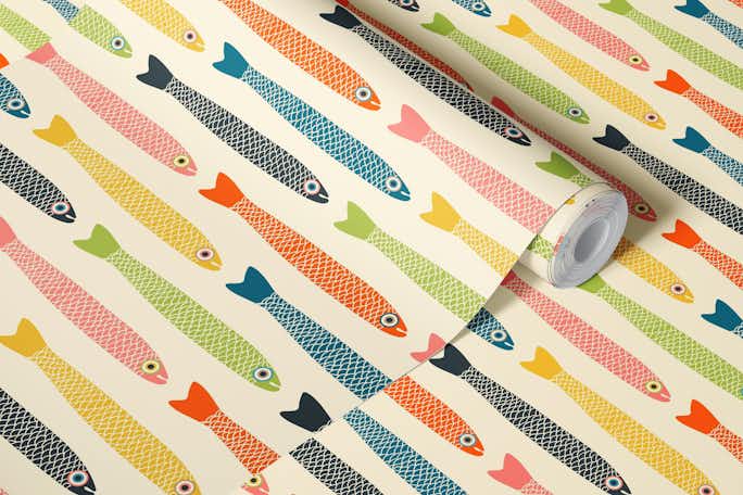 ANCHOVIES Retro Fish Horizontal on Creamwallpaper roll