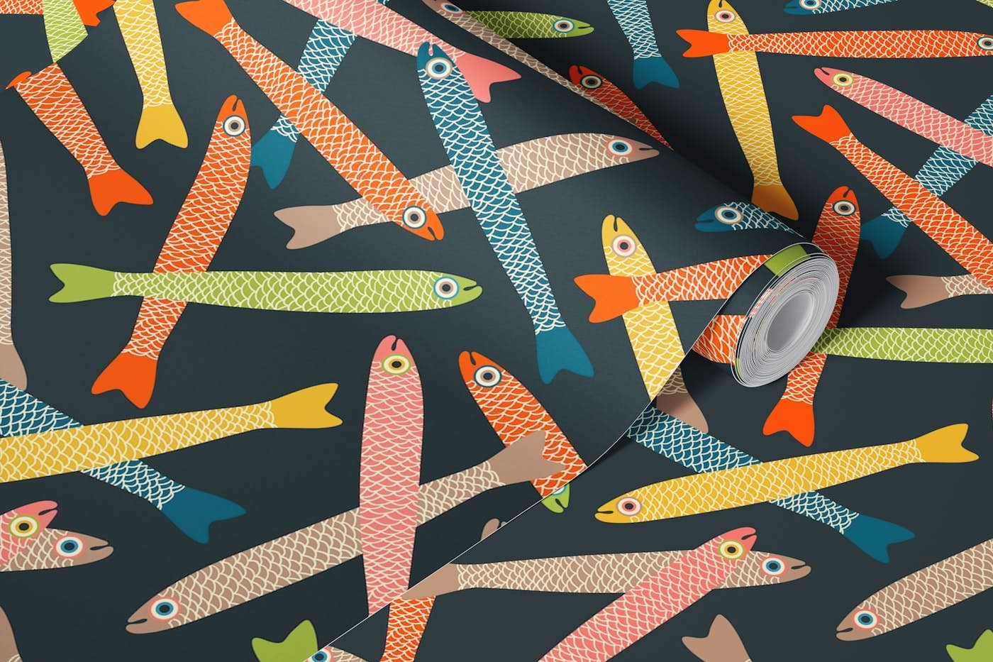 ANCHOVIES Retro Fish Tossed on Charcoal wallpaper roll