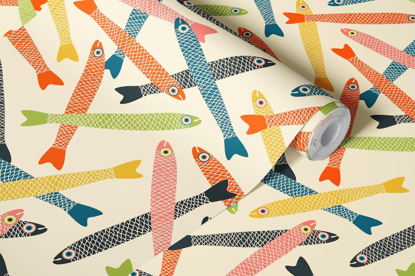 ANCHOVIES Retro Fish Tossed on Cream wallpaper roll