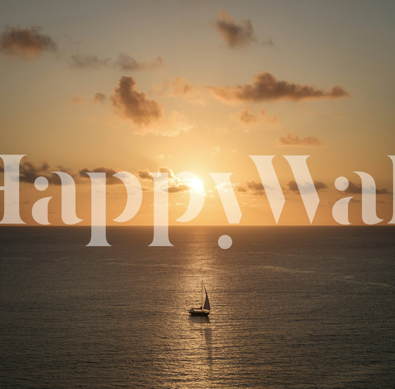 Sunset over ocean with sailboat wall mural from happywall.com