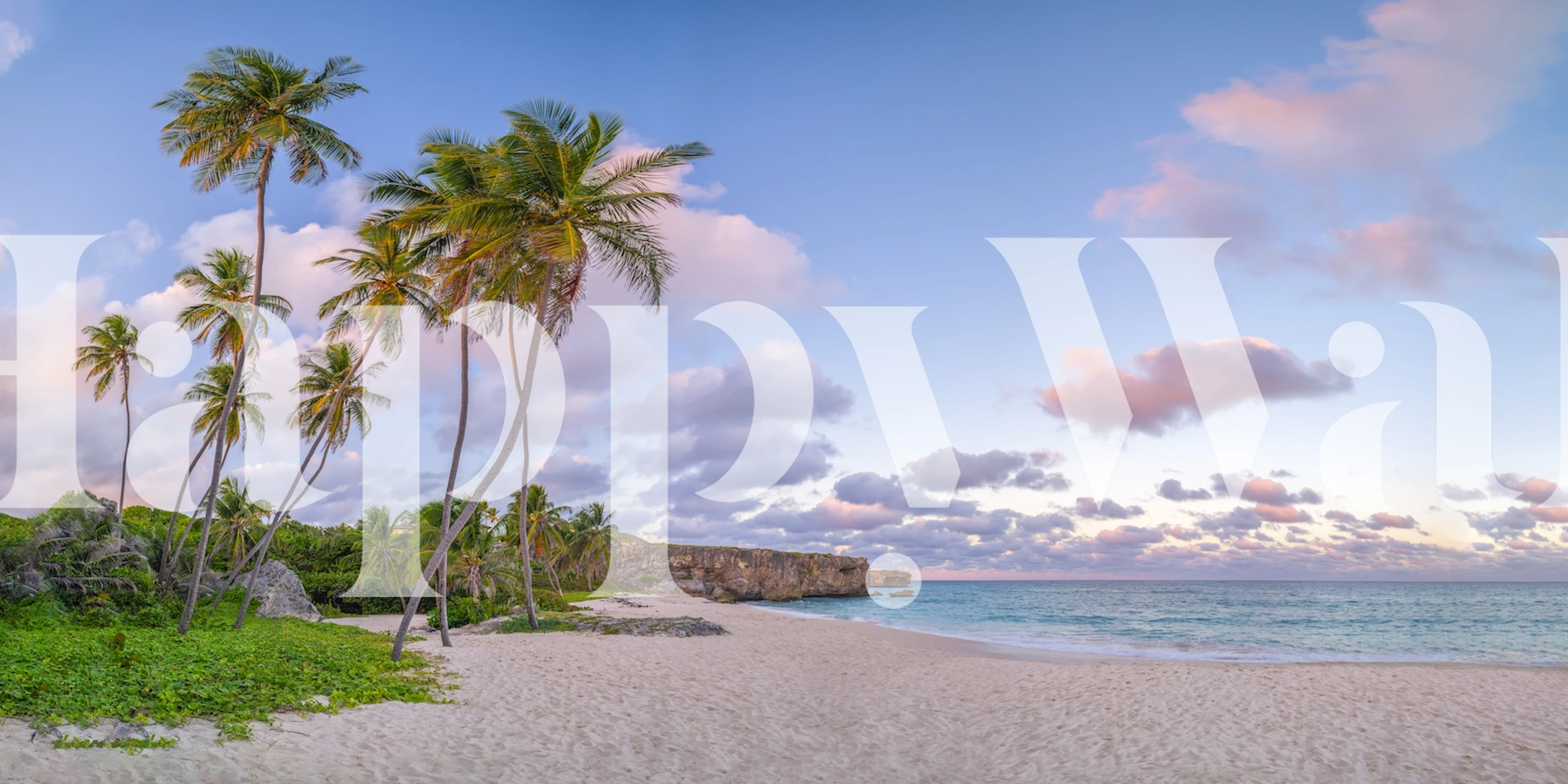 Tropical beach scene with palm trees and sunset colors wallpaper