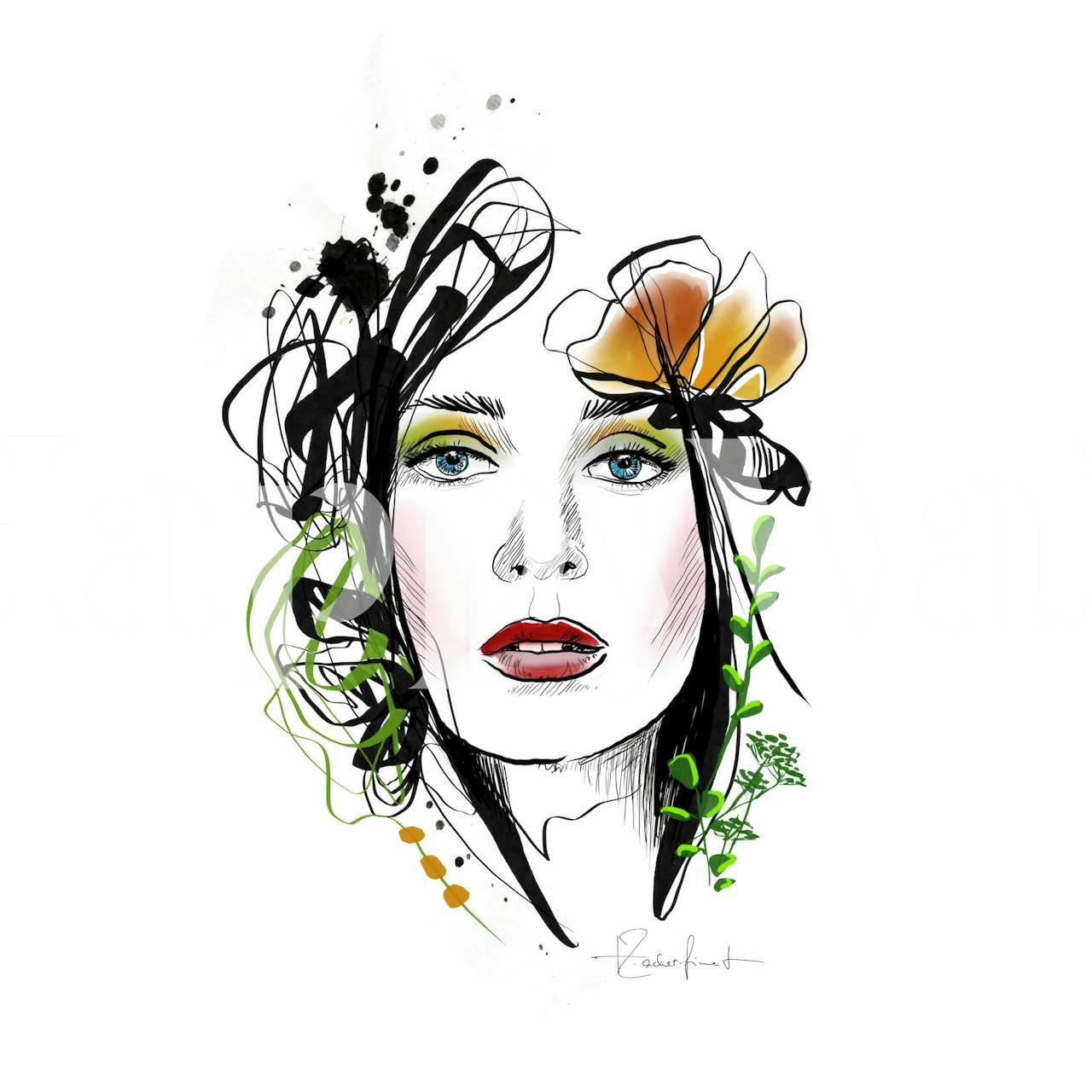 Stylized floral portrait featuring delicate lines, green accents, and warm colors wallpaper