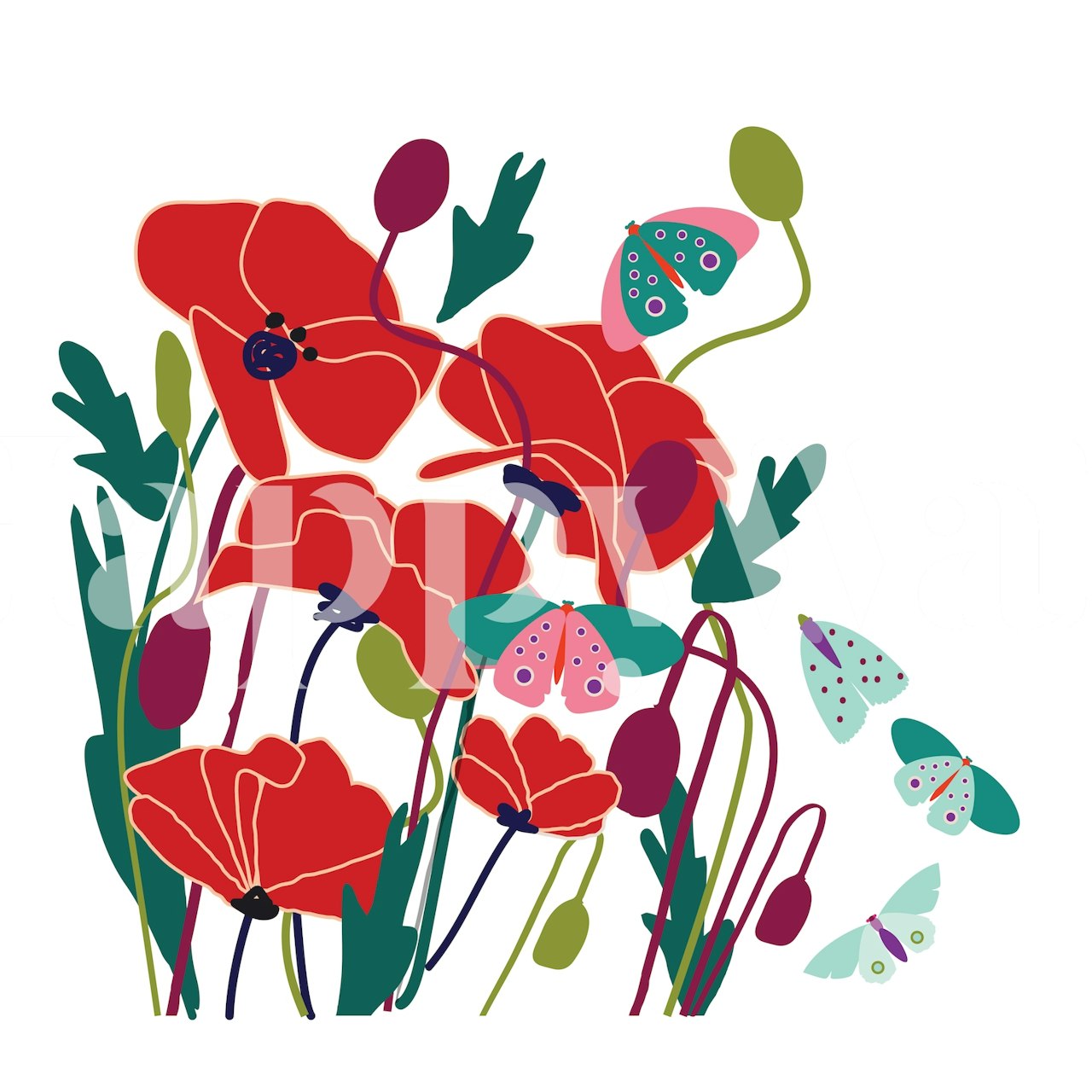 Poppies and butterflies wallpaper in a room