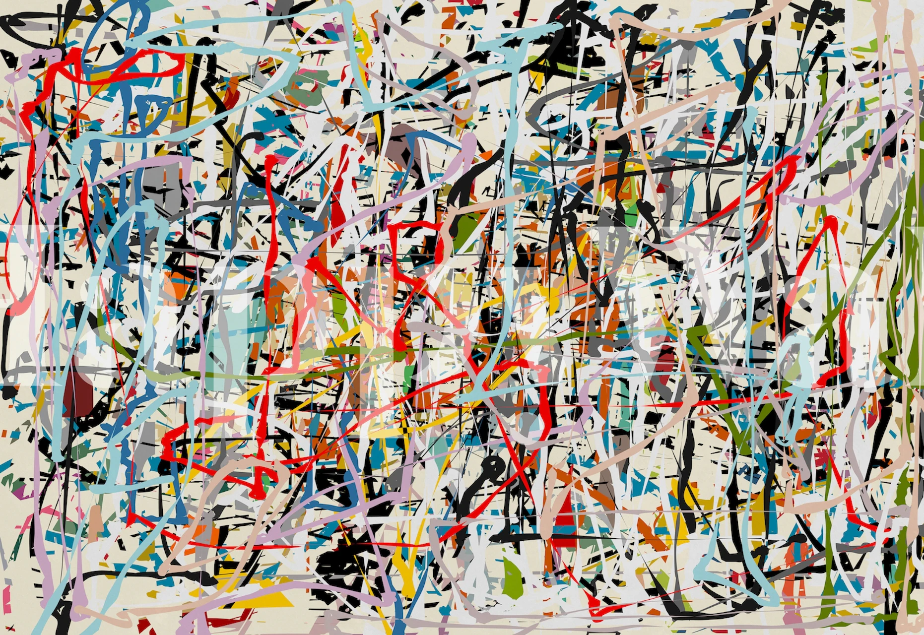 Abstract expressionist style wall mural with vibrant splashes of color and chaotic brush strokes