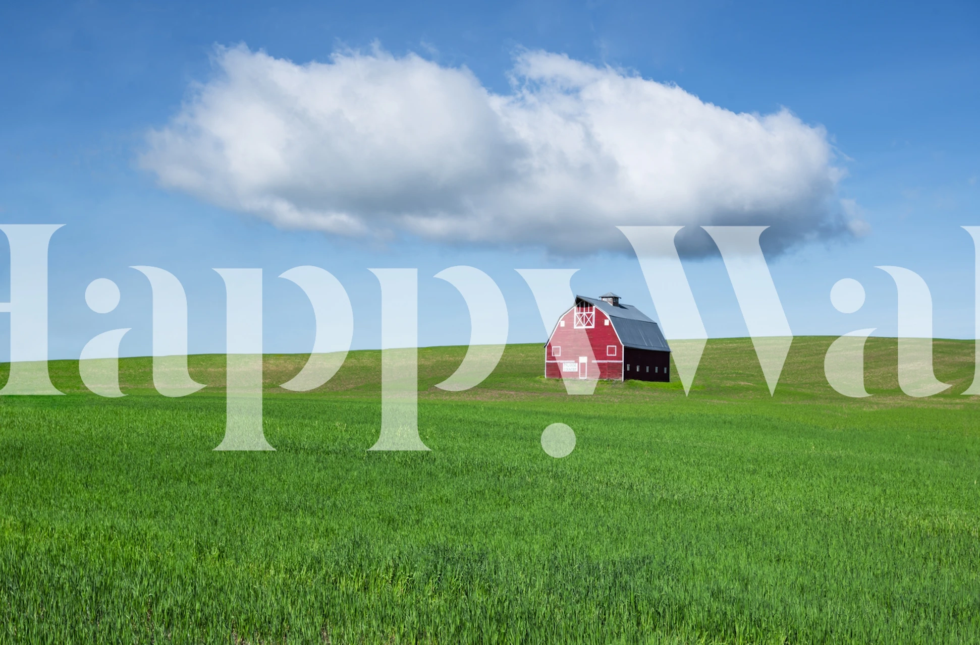 Lone red barn in a green field under a clear blue sky wall mural