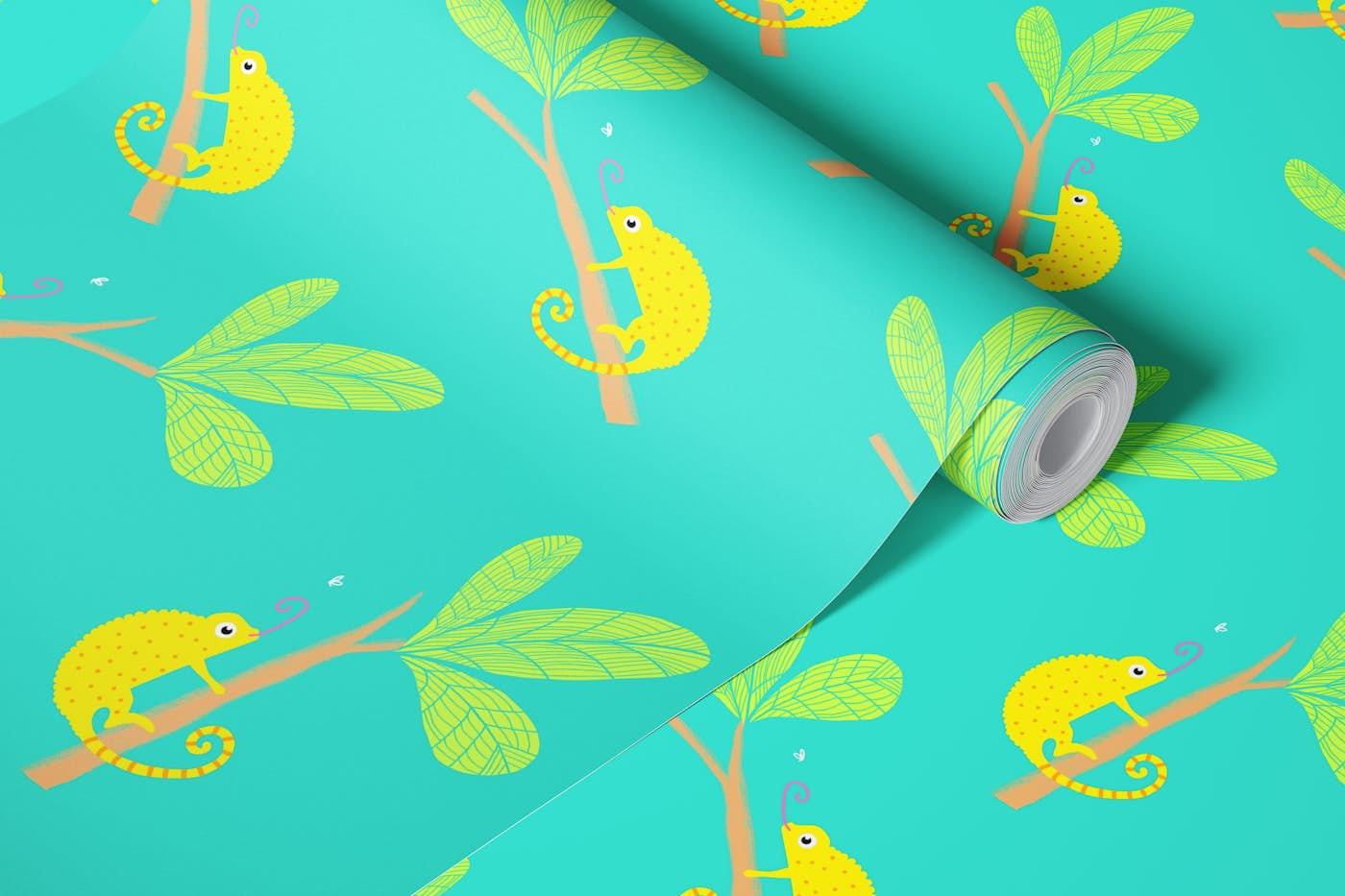 chameleon with palm leaves on mint wallpaper roll