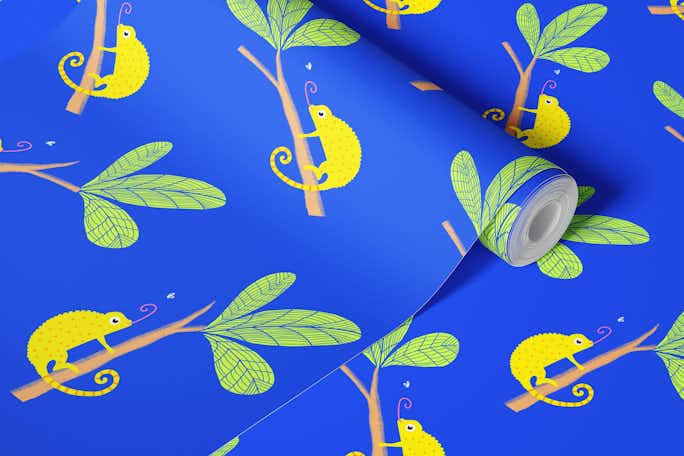 Chameleon with palm leaves on blue backgroundwallpaper roll