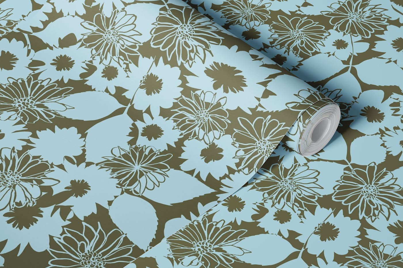 Flower Power Abstract Floral in olive wallpaper roll