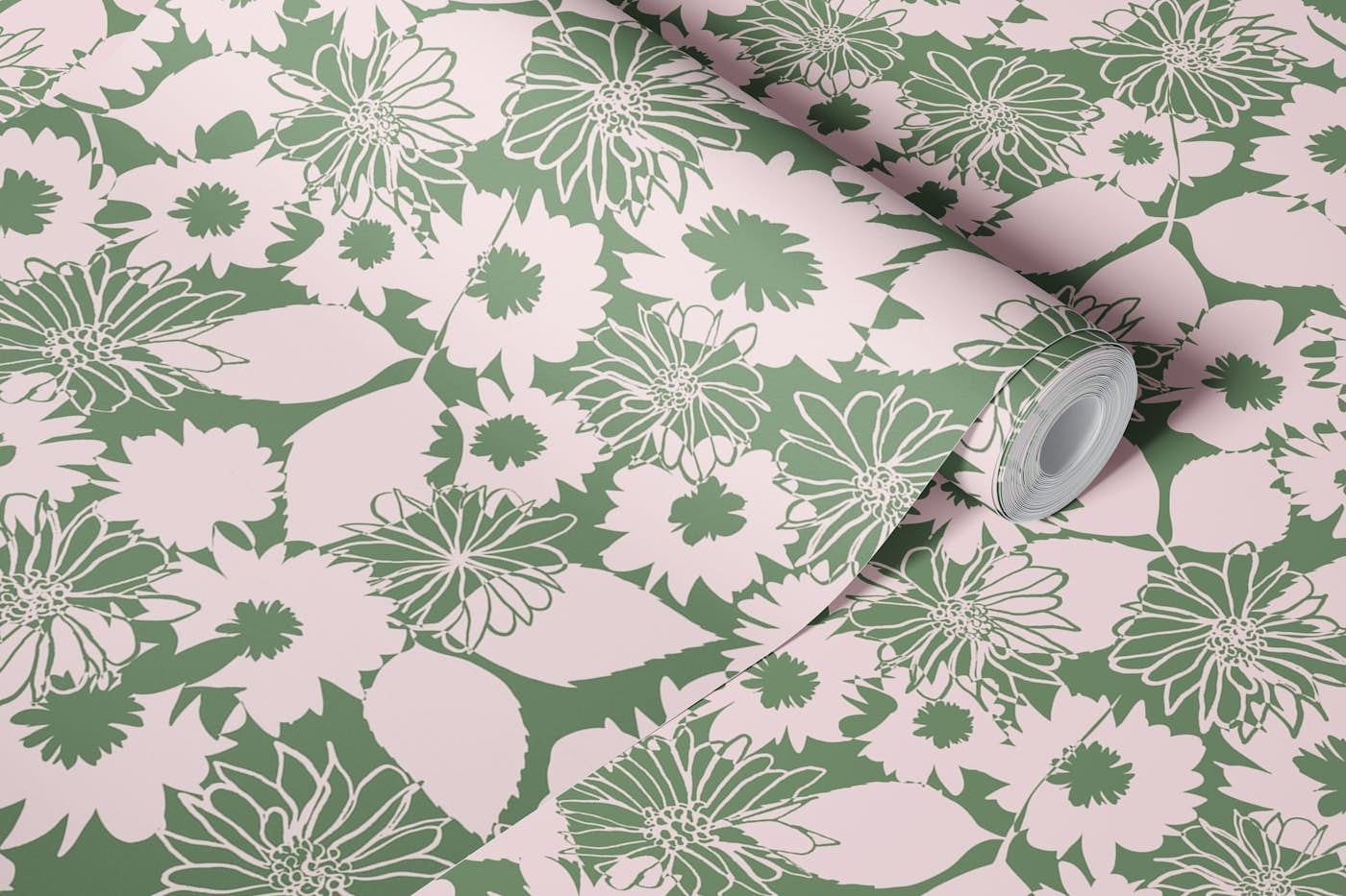 Flower Power Abstract Floral in green wallpaper roll