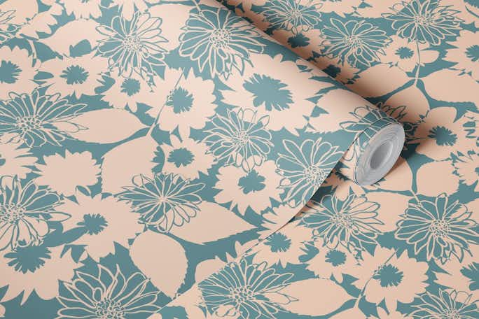 Flower Power Abstract Floral in mineral bluewallpaper roll