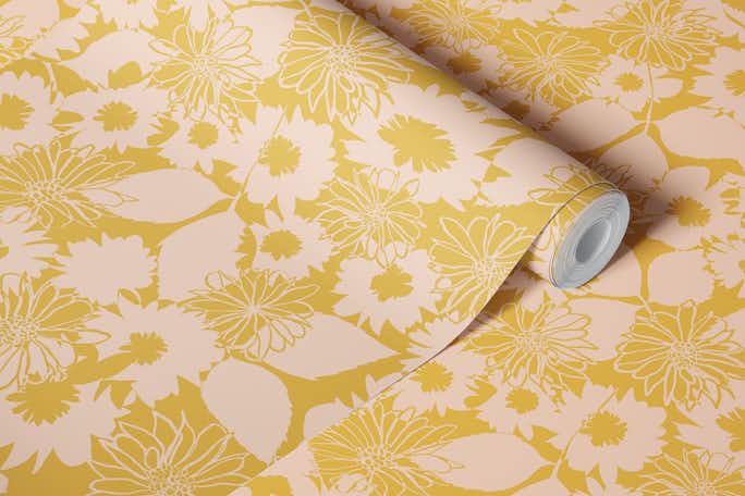 Flower Power Abstract Floral in spicy mustardwallpaper roll