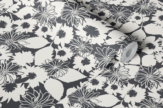 Flower Power Abstract Floral in shadow greywallpaper roll
