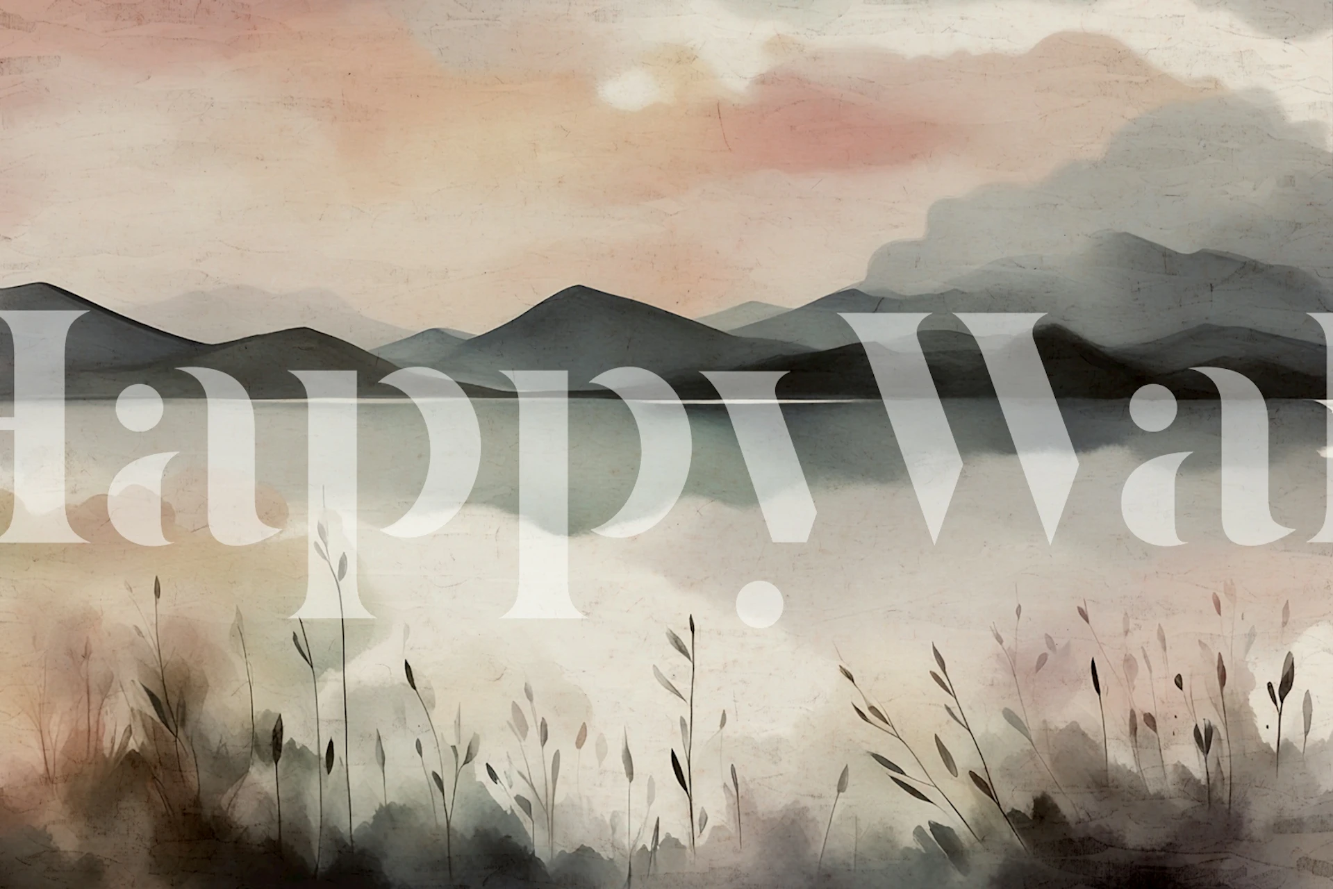 Ethereal cloudy landscape with mist-covered mountains and a serene lake wall mural