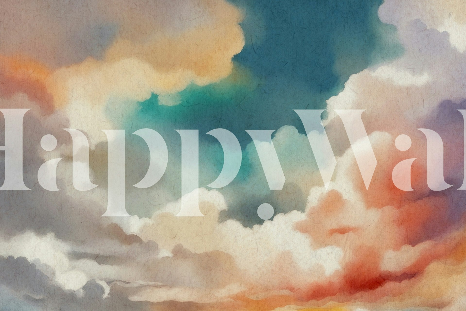 Watercolor cloudy sky with soft blue, peach, and cream tones wallpaper