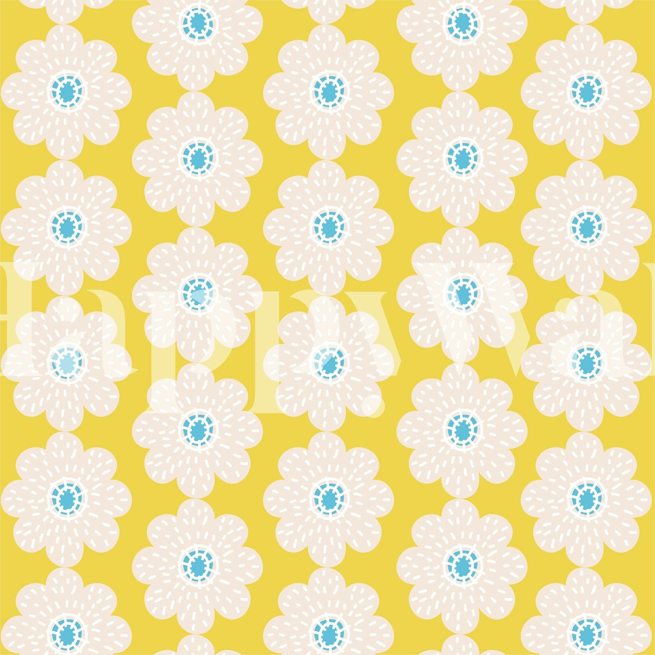 Honey yellow floral daisy pattern wallpaper in a room