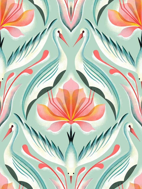 lotus flower with elegant cranes