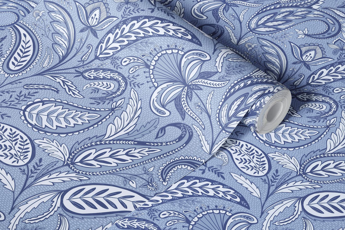 Welcoming paisley monochrome blue wallpaper roll