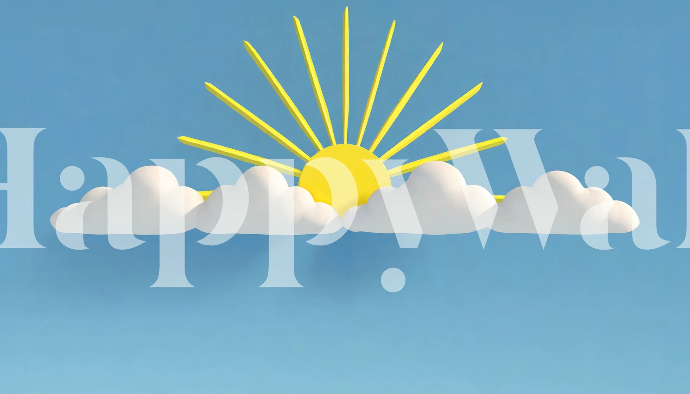 Illustration of a smiling sun with rays and white clouds on a blue background wall mural.