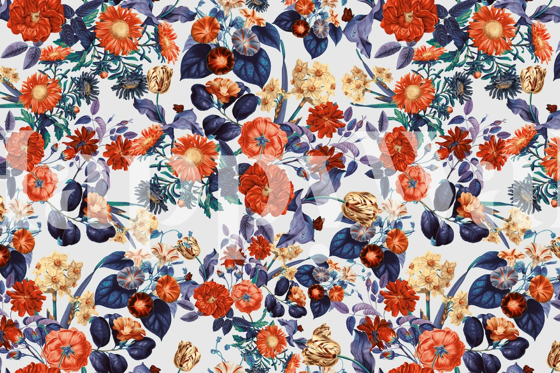 Colorful floral pattern featuring red, orange, and blue flowers wallpaper